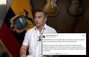 El presidente de Ecuador, Daniel Noboa, acusó en su cuenta de X al Gobierno colombiano de no tener compromiso en la “lucha contra el narcoterrorismo”. FOTOS: Getty y @DanielNoboaOk