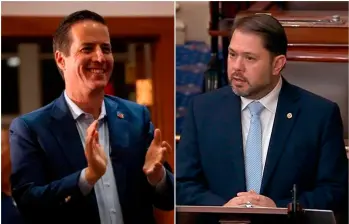 Los senadores estadounidenses de origen colombiano Bernie Moreno (republicano) y Rubén Gallego (demócrata). FOTOS: Tomadas de AFP y X @SenRubenGallego 