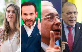 Paloma Valencia (candidata), Abelardo de la Espriella (candidato), Álvaro Uribe (líder del Centro Democrático, el partido de Valencia) y Roy Barreras (candidato). FOTOS: COLPRENSA Y EL COLOMBIANO