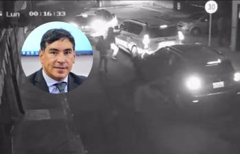 Las imágenes de seguridad muestran a varios hombres descendiendo de dos vehículos para intentar intentar robarle al magistrado y a sus acompañantes. FOTOS: REDES SOCIALES/X Y COLPRENSA