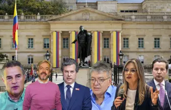 Aníbal Gaviria, Juan Daniel Oviedo, Juan Manuel Galán, Mauricio Cárdenas, Vicky Dávila y David Luna, frente a la Casa de Nariño, en un escenario marcado por alianzas y movimientos presidenciales. FOTOS: COLPRENSA Y CORTESÍA