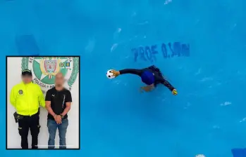 Adelante, el docente detenido por la Policía en Medellín. Atrás, imagen de referencia de un niño en una piscina. Foto: Jaime Pérez Munévar y Cortesía