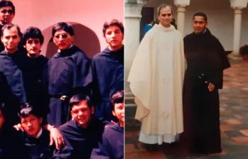 En la foto de la izquierda, Robert Prevost es quien está al extremo izquierdo, debajo del hombre de gafas. A la derecha, de blanco, con uno de los jóvenes en Bojacá, Cundinamarca. FOTOS Cortesía Fray Israel Jiménez