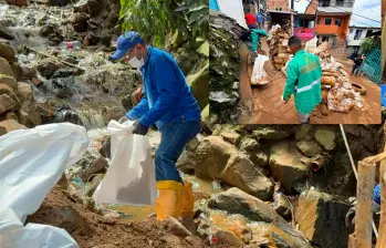 Costales con materiales, escombros y baldosas es lo que más encontraron en la limpieza realizada en dos quebradas de Manrique. FOTO CORTESÍA
