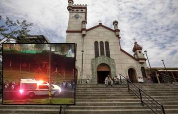 Adelante, un necromóvil de la Policía durante el levantamiento del cuerpo de la joven. Atrás, fachada de la iglesia de San Antonio de Prado. Foto: EL COLOMBIANO y Cortesía Denuncias Antioquia