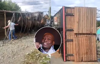 Faustino ‘El Tino’ Asprilla llegó al lugar del accidente para ayudar a rescatar a los nueve caballos que transportaba el camión volcado en la vía hacia la Terminal de Transporte de Tuluá, Valle del Cauca. Imagen: Captura de video y Colprensa. 