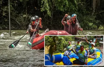 Adelante, el equipo femenino de Rafting cerca del río Samaná. Atrás, miembros del equipo masculino Foto: Manuel Saldarriaga Quintero e imagen tomada de redes.
