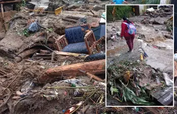 Adelante, una de las estudiantes intentando cruzar el afectado puente. Atrás, lodo y palos arrastró la quebrada en la creciente pero también basura, escombros y muebles que tiran los insensatos de la zona. FOTO: cortesía