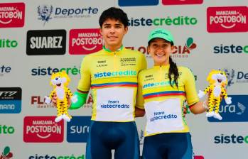 Jerónimo Calderon y Stefanía Herrera, corredores del Team Sistecrédito. FOTO CORTESÍA FEDECICLISMO