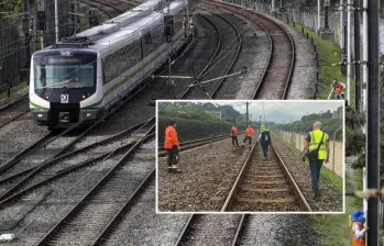 Adelante, funcionarios del Metro ante la socavación detectada. Atrás, tren del Metro de Medellín.Foto: Manuel Saldarriaga Quintero y Cortesía Metro de Medellín.