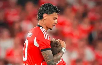 Esta fue una bonita imagen durante el partido, cuando un pequeño hincha del Benfica entró a la cancha a abrazar a Richard Ríos. FOTO @1amorbenfica
