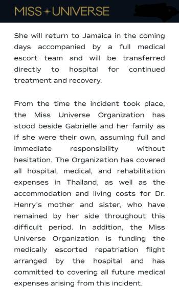 Miss Jamaica sigue en UCI: Gabrielle Henry sufrió hemorragia intracraneal y fracturas tras fuerte caída en Miss Universo 2025