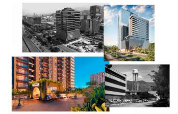 Arriba: Antes y después de Rivana Park, en el sector Industriales. Abajo: Antes y después de Veranova Park, en el antiguo lote de Coltabaco. FOTOS: El Colombiano y cortesía