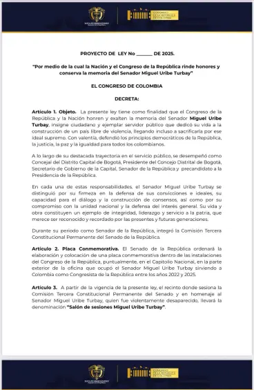 Un monumento y una placa conmemorativa: así es el proyecto de ley que busca honrar la memoria de Miguel Uribe