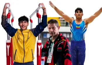 A la izquierda, Ángel Barajas, medallista de plata olímpico en barra fija. En el centro, el entrenador Jairo Ruiz, y su otro alumno, Camilo Vera, bicampeón mundial juvenil. FOTOS EL COLOMBIANO Y LA OPINIÓN