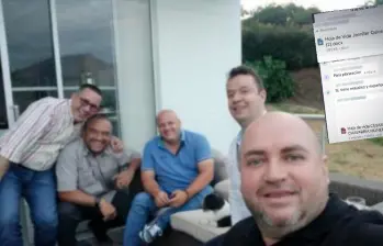 En la foto (de izq. a der.) aparecen Álvaro Villada; un abogado allegado; Miguel Quintero; Wílder Echavarría, exdirector de la EDU, y Jorge Enrique Liévano, ex gerente de Metroparques; todos complicados por testigos ante Fiscalía y otros órganos de control. Foto: cortesía y pantallazo de Noticias Caracol