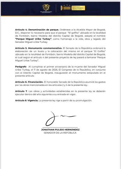 Un monumento y una placa conmemorativa: así es el proyecto de ley que busca honrar la memoria de Miguel Uribe