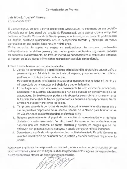 Comunicado a la opinión pública de Lucho Herrera. FOTO: Cortesía