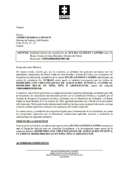 Documento con el que Colombia está pidiendo la extradición de Zulma Guzmán Castro. Foto: cortesía