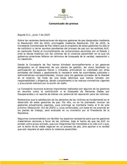 Comisionado de Paz respondió a ruptura con exjefes paramilitares: “No se ha planteado revocar gestiones de paz”