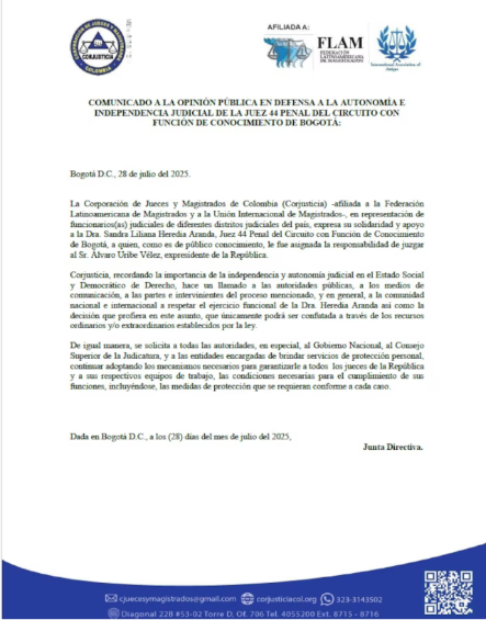 Rama Judicial se unió para proteger a la jueza que llevó el caso de Álvaro Uribe