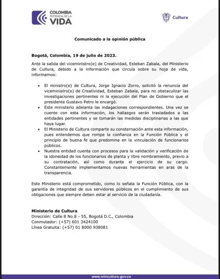 El ministerio aceptó su renuncia. Foto: Redes Ministerio de Cultura.
