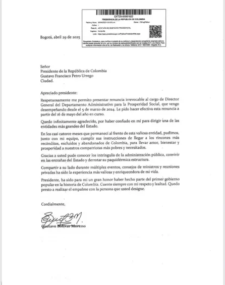 Esta es la carta de renuncia de Gustavo Bolívar que Petro aceptó en evento de Tibú luego de pedirle que no hablara