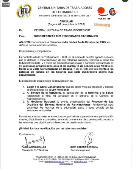 El próximo martes 14 de octubre se realizarán protestas para exigir a la Corte Constitucional la aprobación de la reforma pensional.