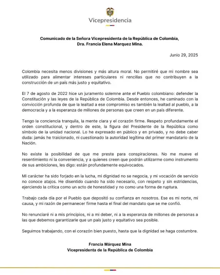 “No existe la posibilidad de que me preste para conspiraciones”: Francia Márquez sobre plan de Leyva para sacar del poder a Petro