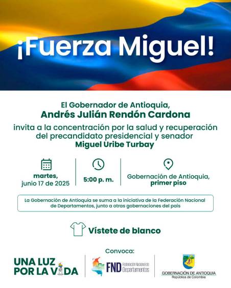Antioquia se une a las plegarias por la salud de Miguel Uribe: habrá concentración en la gobernación y en los municipios 