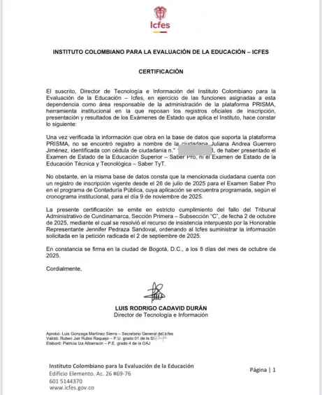 Icfes confirma que Juliana Guerrero no presentó las pruebas Saber Pro