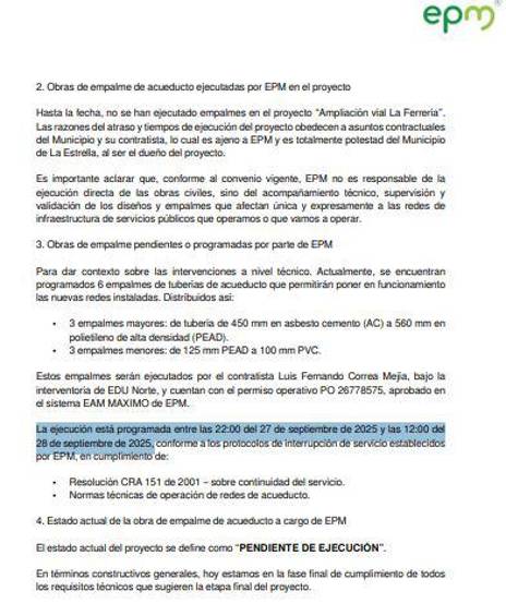 informe que señala la fecha de la interevención.