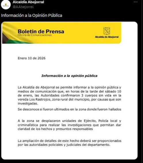 Atención: Hallan tres cuerpos en una vereda de Abejorral