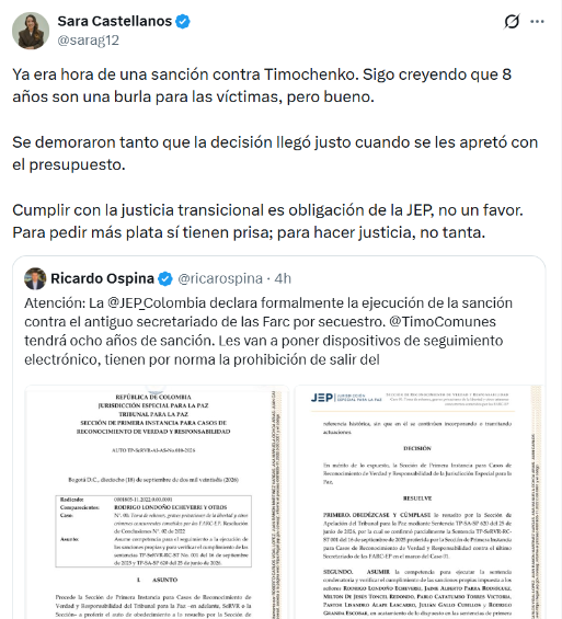 Opinión de Sara Castellanos sobre sanción contra antiguo secretariado de las Farc. Foto: captura @sarag12