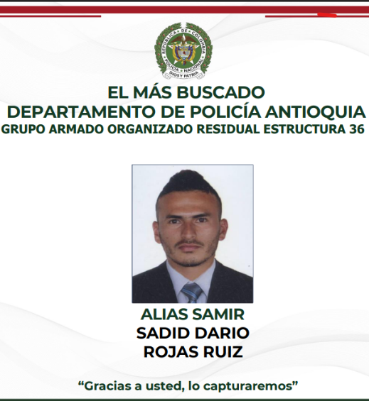 Alias ‘Samir’, uno de los más buscados por el departamento de la Policía de Antioquia. Foto: Policía Nacional. 
