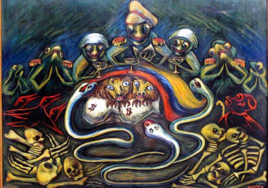 “Rojas Pinilla” (1953–1957), óleo sobre lienzo, de Débora Arango. Este es uno de los dos cuadros que el Museo de Arte de Moderno de Medellín pretendía vender al Banco de la República. 