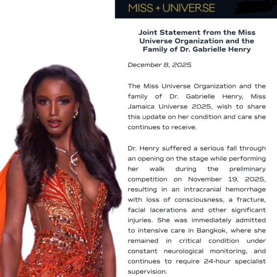 Miss Jamaica sigue en UCI: Gabrielle Henry sufrió hemorragia intracraneal y fracturas tras fuerte caída en Miss Universo 2025