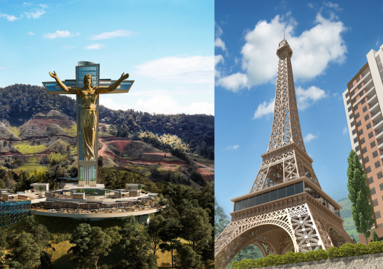 En el Peñol están construyendo un cristo gigante y en Sabaneta pusieron una réplica de la torre Eiffel. FOTOS: EL COLOMBIANO y cortesía