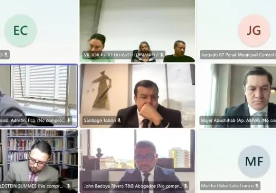 Misael Cadavid, Maria Yaneth Rúa y Elkin González (arriba, centro) en la audiencia de control de garantías de este martes. IMAGEN TOMADA DE VIDEO