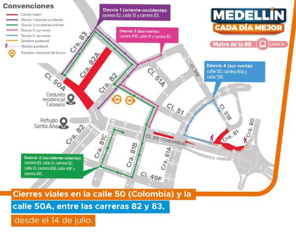Mapa con los cierres viales anunciados por el Metro. FOTO: Cortesía