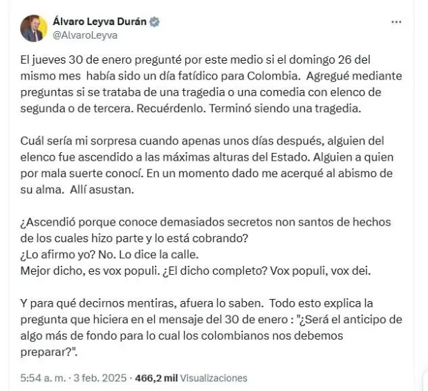 Publicación de Álvaro Leyva del 3 de febrero de 2025. Foto: tomada de X