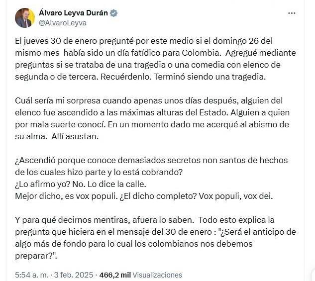 Publicación de Álvaro Leyva del 3 de febrero de 2025. Foto: tomada de X