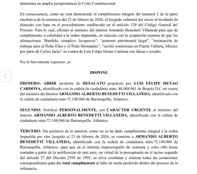 Bajo amenaza de desacato, Benedetti se retracta de sus señalamientos contra Luis Felipe Henao. Foto: Captura de pantalla Juzgado 40 Administrativo del Circuito de Bogotá