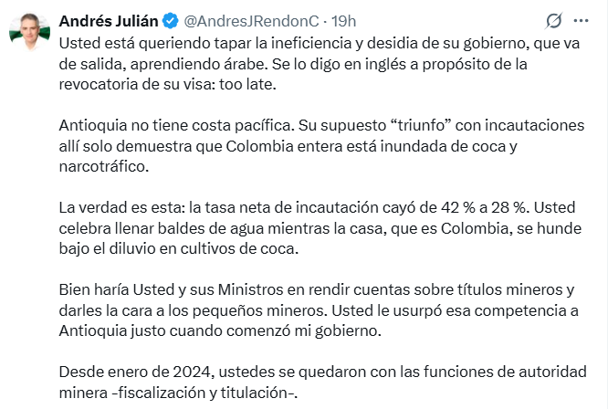 “Se lo digo en inglés a propósito de la revocatoria de su visa: ‘too late’”: gobernador Rendón a Petro en nuevo rifirrafe