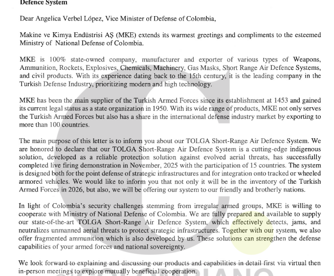 Carta enviada por MKE a la viceministra de Defensa antes de iniciar públicamente el proceso precontractual. 