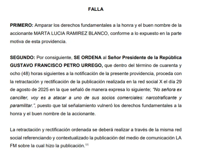 Justicia ordena a Petro rectificar por acusaciones contra Marta Lucía Ramírez en redes sociales
