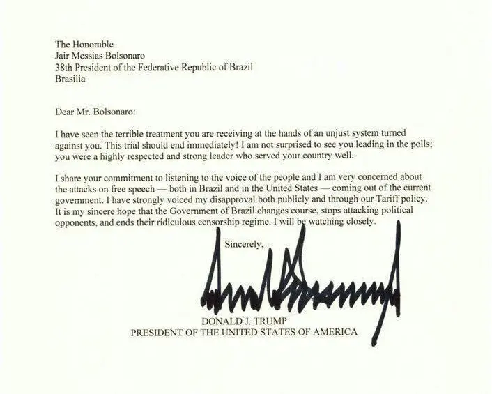 La carta fue compartida por el expresidente Jair Bolsonaro en la red social X.