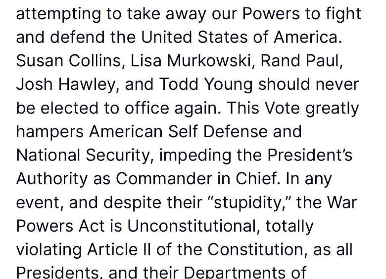 Senado de Estados Unidos aprobó resolución que frena futuras acciones militares de Trump en Venezuela