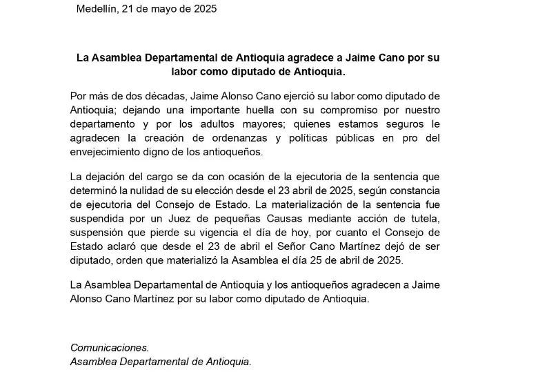 La “jugadita” de Jaime Cano buscando no salir por la puerta de atrás de la Asamblea de Antioquia
