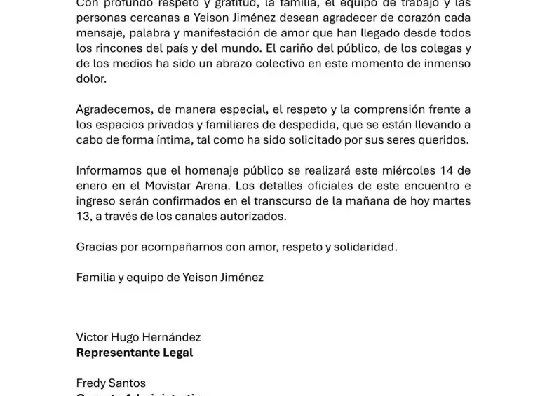 Comunicado oficial por parte de la familia de Yeison Jiménez. FOTO: yeison_jimenez vía Instagram.
